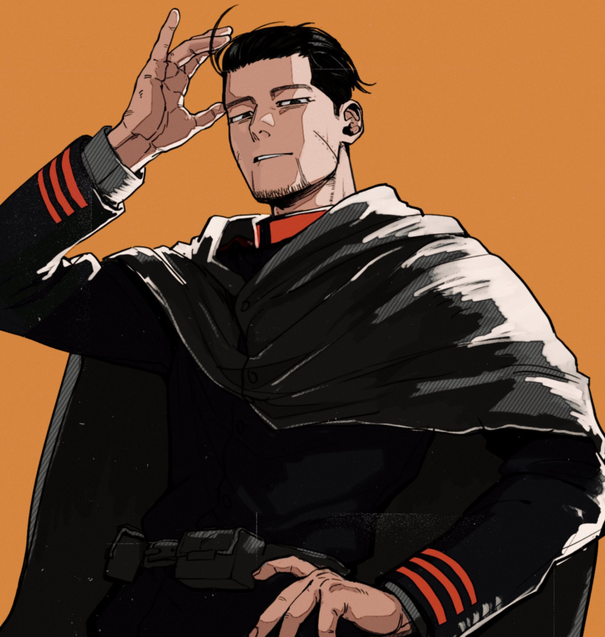 arm_up belt black_eyes black_hair black_jacket brown_background buttons cape collared_jacket commentary_request facial_hair golden_kamuy grey_cape hair_slicked_back hair_strand hand_in_hair hand_on_hip highres hood hood_down hooded_cape imperial_japanese_army jacket long_sleeves looking_at_viewer male_focus military military_uniform ogata_hyakunosuke parted_lips pouch scar scar_on_cheek scar_on_face short_hair simple_background smile solo standing stubble tonta_(tonta1231) undercut uniform upper_body