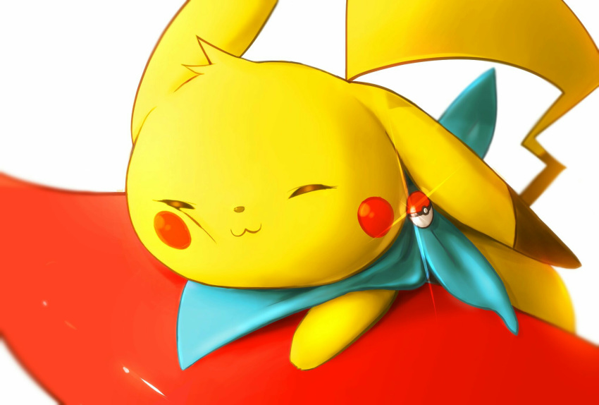 :3 bandana blush_stickers bottle closed_eyes closed_mouth clothed_pokemon commentary_request gen_1_pokemon glint happy highres iogi_(iogi_k) jpeg_artifacts ketchup ketchup_bottle no_humans object_hug pikachu poke_ball_symbol poke_ball_theme pokemon pokemon_(creature) shiny simple_background smile solo textless white_background