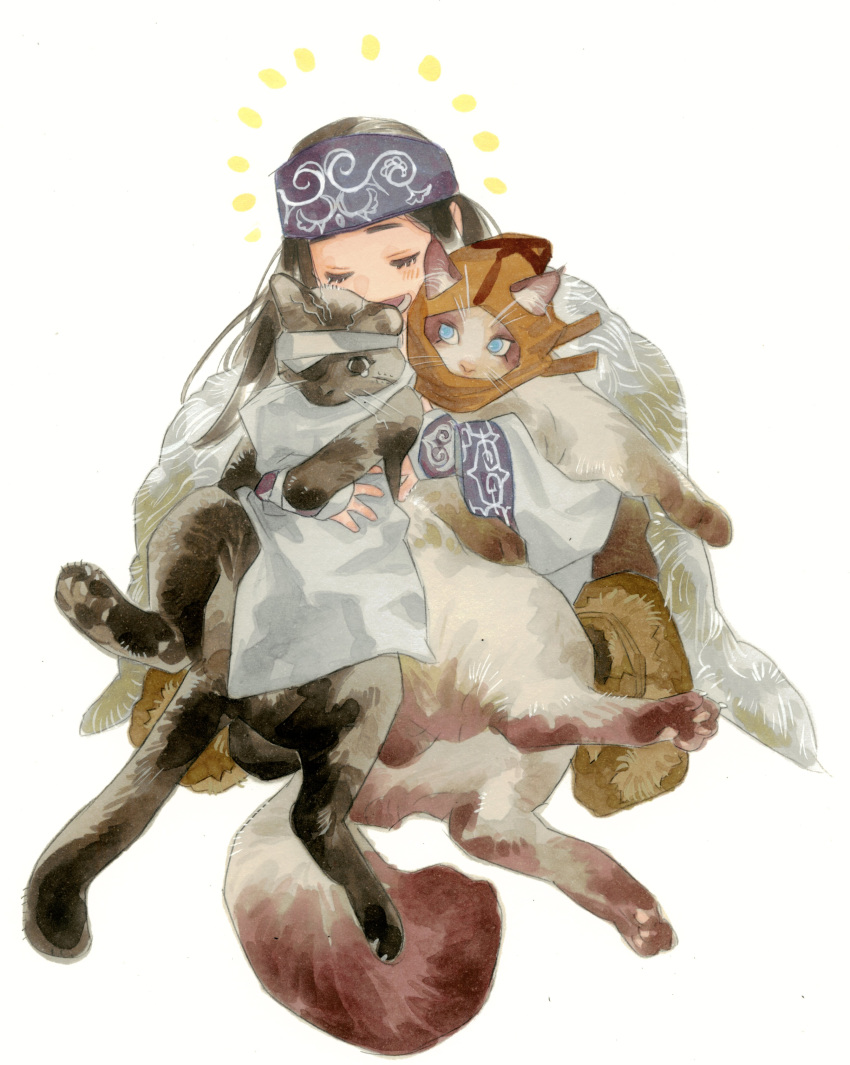 1girl 2boys absurdres ainu ainu_clothes animal animal_hug animalization asirpa bandaged_head bandages bandana black_eyes black_hair black_pants blue_bandana blue_eyes boots brown_footwear bush cape cat closed_eyes dima full_body fur_cape golden_kamuy headwear highres holding holding_animal hood hug long_hair long_sleeves looking_at_viewer looking_away multiple_boys ogata_hyakunosuke pants russian_clothes scar scar_on_cheek scar_on_face simple_background symbol_commentary vasily_(golden_kamuy) white_background white_cape wide_sleeves