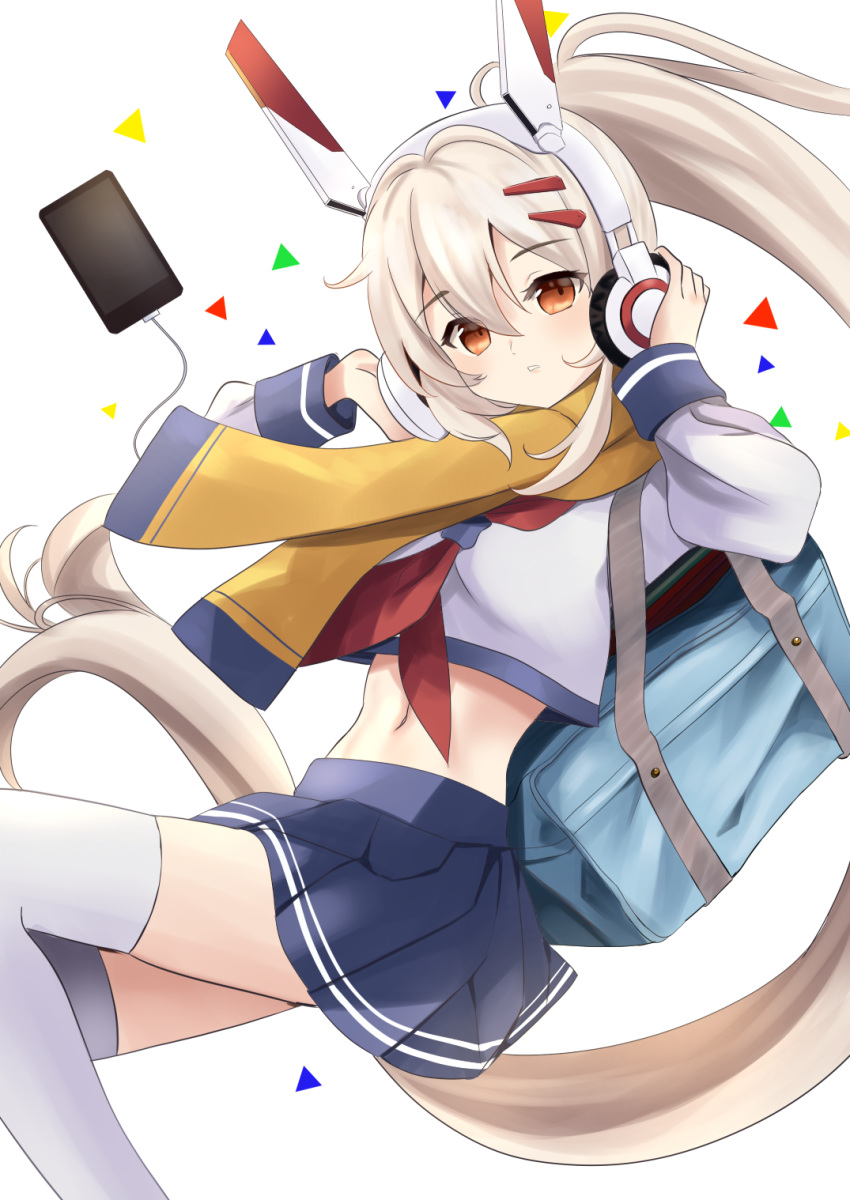 1girl adjusting_headphones alternate_costume ayanami_(azur_lane) azur_lane bag bangs cable cellphone commentary_request eyebrows_visible_through_hair hair_ornament hairpin headphones highres john_manjirou_(love-love-happy21) long_hair long_sleeves looking_at_viewer midriff navel orange_eyes parted_lips phone pleated_skirt ponytail retrofit_(azur_lane) scarf school_bag school_uniform serafuku sidelocks silver_hair simple_background skirt smartphone solo thighhighs white_background white_legwear zettai_ryouiki