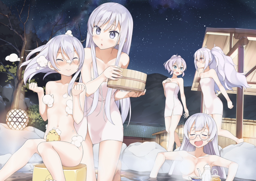 5girls azur_lane bangs bare_tree bath bathing belfast_(azur_lane) blue_eyes blush breasts cleavage closed_eyes closed_mouth commentary convenient_censoring cup edinburgh_(azur_lane) eyebrows_visible_through_hair flat_chest javelin_(azur_lane) knees_together_feet_apart laffey_(azur_lane) lantern light_purple_hair long_hair looking_at_another manjuu_(azur_lane) medium_breasts multiple_girls naked_towel night nude onsen open_mouth outdoors purple_eyes red_eyes relaxed round_eyewear semi-rimless_eyewear short_hair sidelocks sky smile soap_bubbles soap_censor star_(sky) starry_sky steam steam_censor teacup teapot towel trait_connection tree tsubure_manjuu very_long_hair washing_another washing_hair z1_leberecht_maass_(azur_lane)