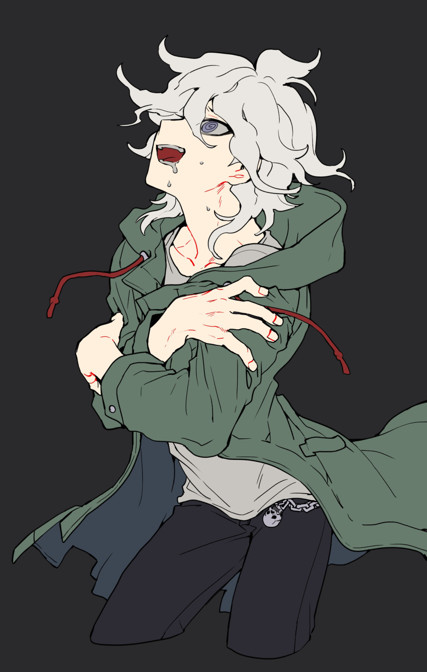 1boy absurdres arched_back bangs black_background black_pants blue_eyes chain coat collarbone commentary_request contrapposto crazy_eyes cropped_legs crossed_arms danganronpa_(series) danganronpa_2:_goodbye_despair green_coat grey_hair grey_shirt hair_between_eyes hands_on_own_arms highres hood komaeda_nagito long_sleeves looking_up male_focus medium_hair messy_hair open_clothes open_mouth pants saliva shirt simple_background sin11111 skull_ornament solo