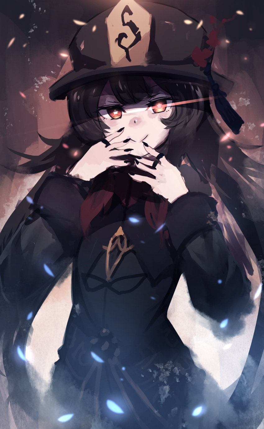 +_+ 1girl absurdres bangs black_hair black_nails diffraction_spikes embers frost genshin_impact glint glowing glowing_eyes glowing_petals hand_to_own_mouth hat highres hinghoi hu_tao long_hair long_sleeves looking_at_viewer nail nail_polish red_eyes smile solo standing symbol-shaped_pupils