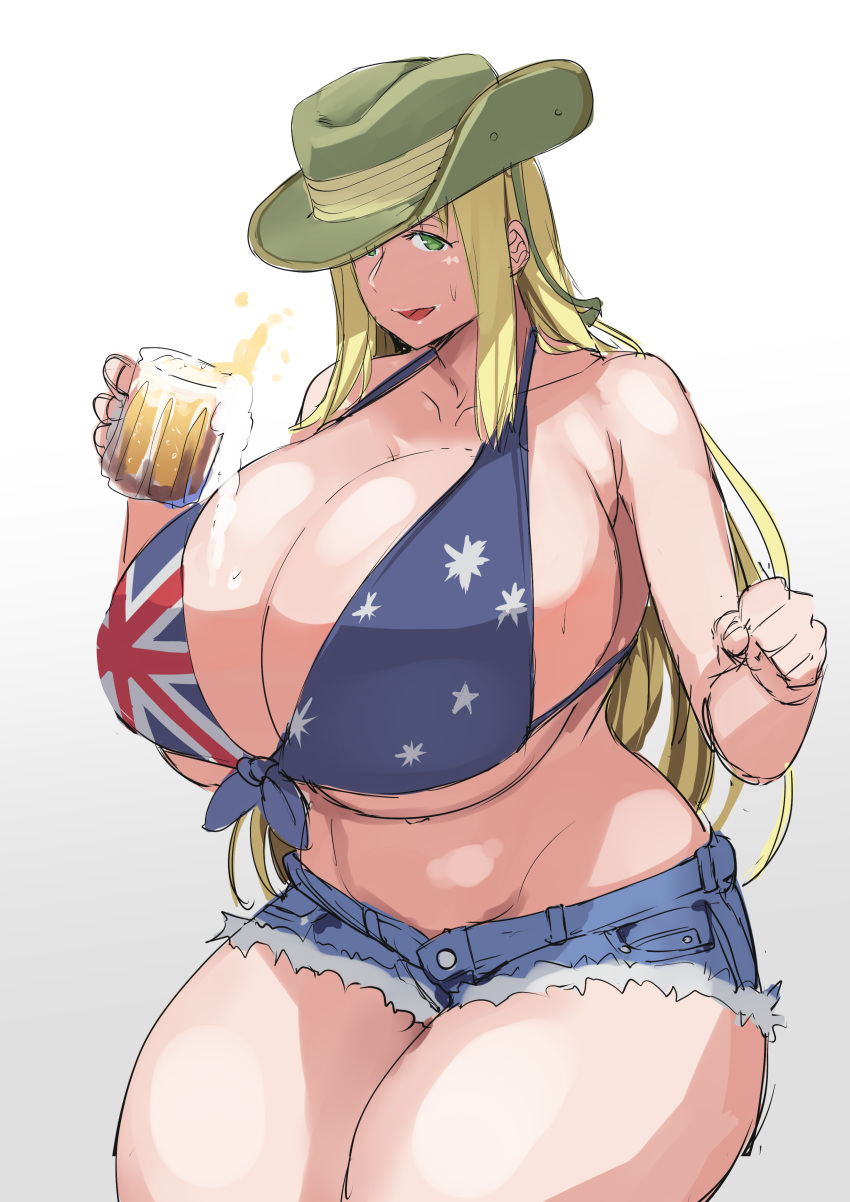 absurdres alcohol australian_flag_bikini beer beer_mug bikini bikini_top blonde_hair breasts cleavage collarbone commission cowboy_shot cup gigantic_breasts green_eyes hatarakanai_futari highres long_hair mug navel short_shorts shorts sideboob slouch_hat stormcow swimsuit thighs underboob white_background