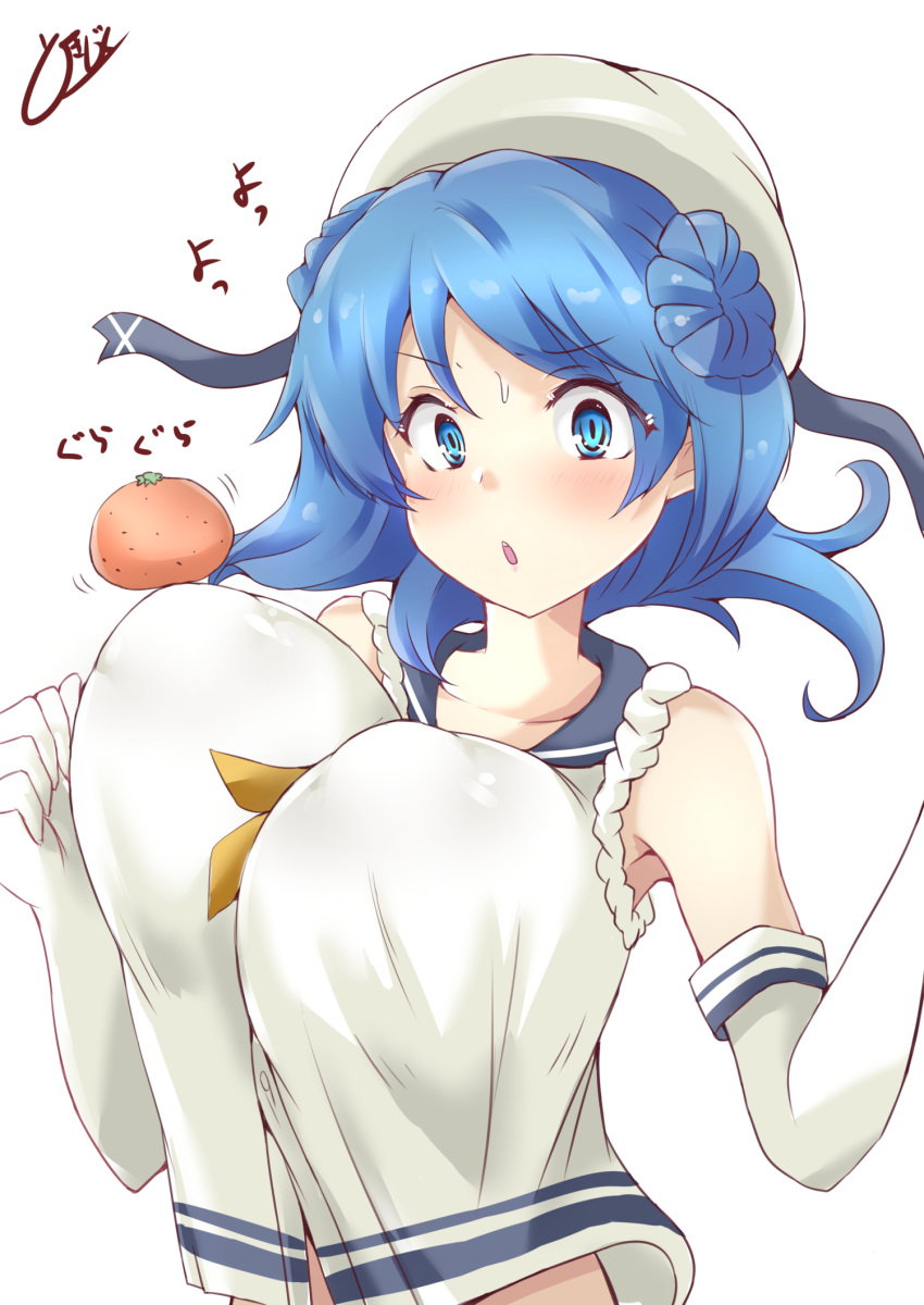 1girl blue_eyes blue_hair blush bouncing_breasts breasts covered_nipples double_bun dress elbow_gloves eyebrows_visible_through_hair food fruit gloves hat highres impossible_clothes impossible_shirt kantai_collection large_breasts mandarin_orange neckerchief open_mouth sailor_dress sailor_hat school_uniform serafuku shirt signature simple_background sleeves_rolled_up solo tokiziku upper_body urakaze_(kantai_collection) white_background white_gloves white_headwear yellow_neckwear