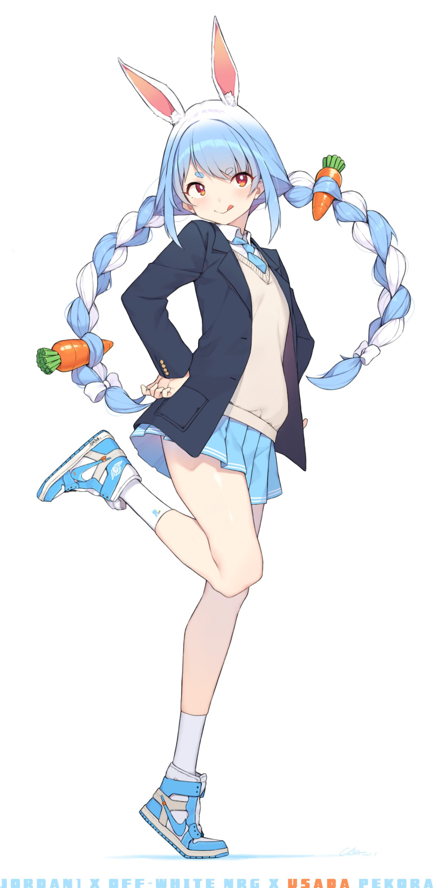 1girl :q absurdres alternate_costume animal_ear_fluff animal_ears bare_legs blue_hair blush braid bunny_ears carrot carrot_hair_ornament cloba commentary_request eyebrows_visible_through_hair food_themed_hair_ornament full_body hair_ornament hand_on_hip highres hololive jacket licking_lips long_hair long_sleeves looking_at_viewer multicolored_hair school_uniform shoes skirt smile socks solo standing standing_on_one_leg thick_eyebrows tongue tongue_out twin_braids two-tone_hair usada_pekora virtual_youtuber white_hair white_legwear