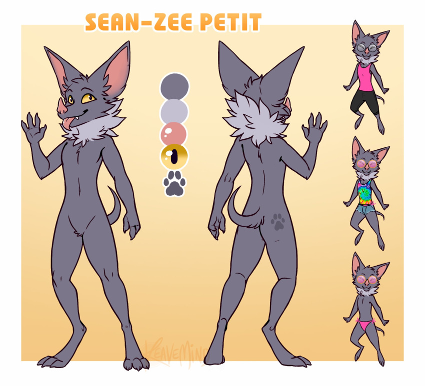 3_toes 4_fingers anthro big_ears black_eyes border bottomwear butt chiropteran clothed clothing curled_tail digitigrade eyes_closed eyewear featureless_chest featureless_crotch feet fingers fur glasses grey_body grey_fur hi_res keavemind male mammal markings model_sheet neck_tuft nude pink_nose sean-zee_petit shirt shorts simple_background solo standing sunglasses tank_top teeth text tie-dye toes tongue tongue_out topless topwear tuft white_border yellow_background yellow_sclera