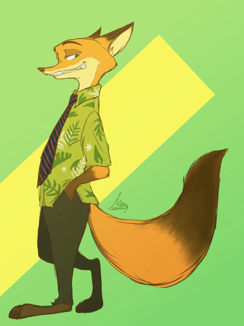 2020 3:4 anthro barefoot bottomwear canid canine clothed clothing dipstick_ears dipstick_tail disney fox fully_clothed fur gloves_(marking) green_background grin hi_res male mammal marema_kishin markings multicolored_ears multicolored_tail necktie nick_wilde orange_body orange_fur pants red_fox shirt signature simple_background smile solo standing topwear yellow_background zootopia