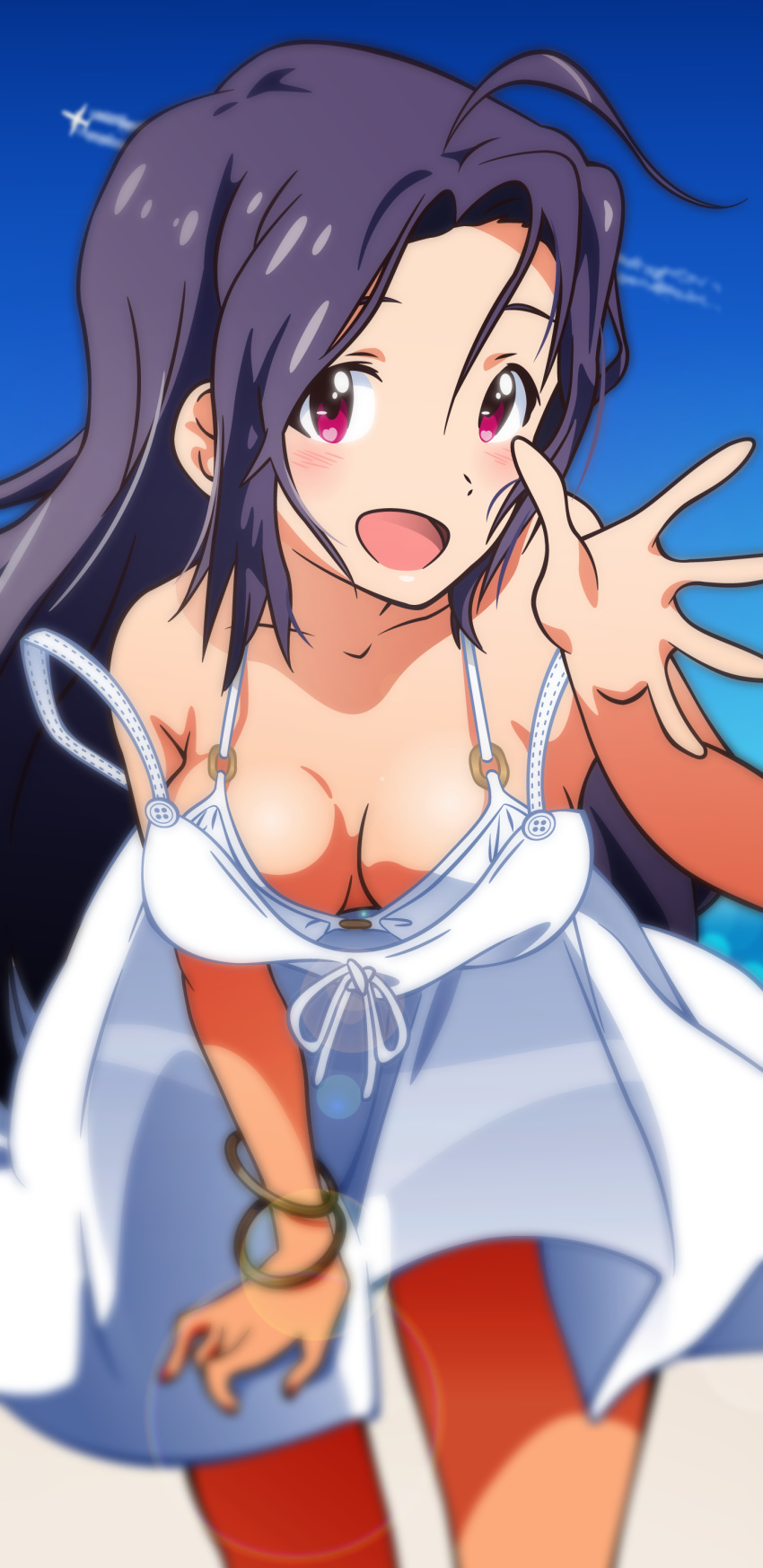 1girl :d absurdres ahoge aircraft airplane akizuki_ritchan blue_sky bracelet breasts cleavage collarbone condensation_trail cowboy_shot day dress floating_hair highres idolmaster idolmaster_(classic) jewelry leaning_forward lens_flare long_hair looking_at_viewer medium_breasts miura_azusa off_shoulder open_mouth outdoors purple_hair red_eyes shiny shiny_hair short_dress sky sleeveless sleeveless_dress smile solo standing summer sundress very_long_hair white_dress