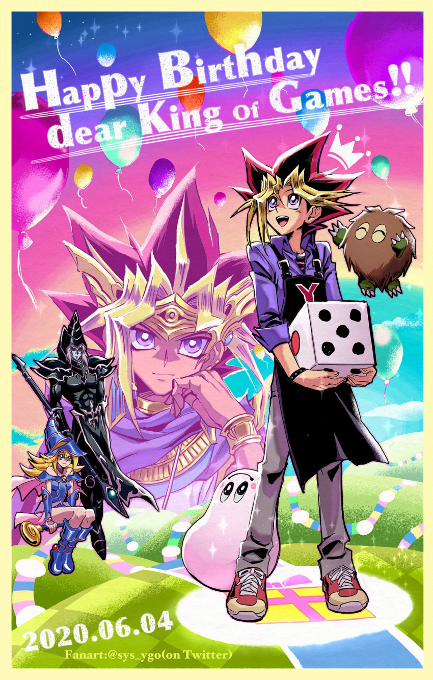 1girl 3boys apron artist_name atem balloon bangs black_apron blonde_hair blue_footwear boots border character_request collared_shirt dark_magician dark_magician_girl dated dice grass grey_pants happy_birthday hat highres holding holding_staff kuriboh looking_up mixed-language_commentary multicolored_hair multiple_boys mutou_yuugi open_mouth pants purple_eyes purple_shirt riding shirt shoes sleeves_rolled_up smile sneakers soya_(sys_ygo) sparkle staff standing teeth tongue wizard_hat yu-gi-oh!