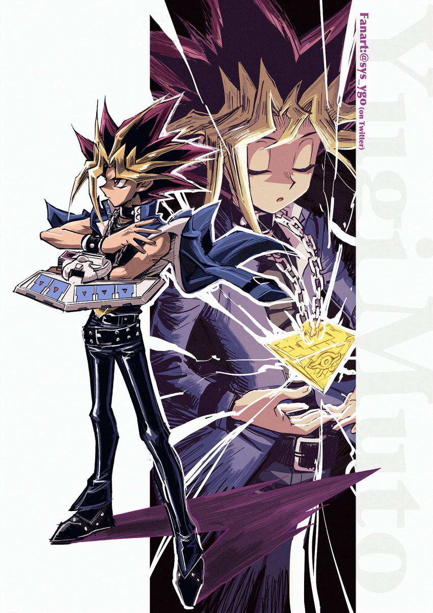 2boys :o artist_name bangs belt belt_collar black_footwear black_pants blonde_hair blue_jacket card chain closed_eyes collar commentary_request duel_disk highres jacket jewelry male_focus millennium_puzzle multicolored_hair multiple_boys mutou_yuugi necklace pants school_uniform shirt shoes soya_(sys_ygo) spiked_hair standing yami_yuugi yu-gi-oh! yu-gi-oh!_duel_monsters