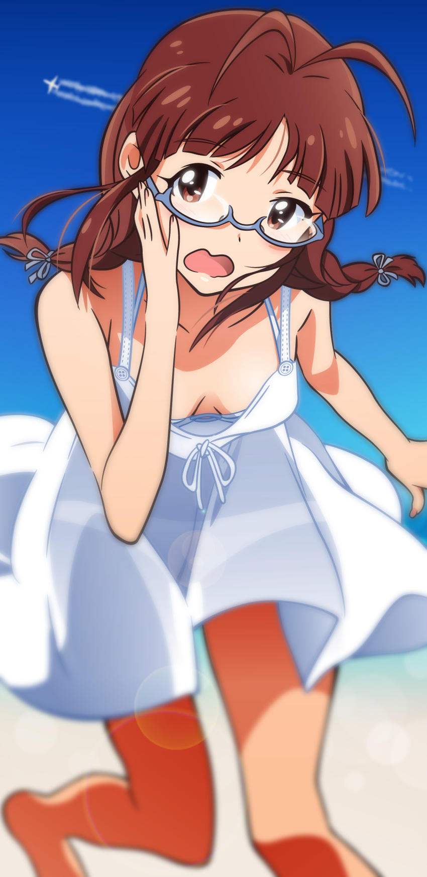 absurdres aircraft airplane akizuki_ritchan akizuki_ritsuko antenna_hair bangs barefoot blue_sky breasts brown_eyes brown_hair cleavage collarbone condensation_trail day dress eyebrows_visible_through_hair highres idolmaster idolmaster_(classic) leaning_forward lens_flare long_hair looking_at_viewer open_mouth outdoors see-through shiny shiny_hair short_dress sky sleeveless sleeveless_dress small_breasts summer sundress wavy_mouth white_dress