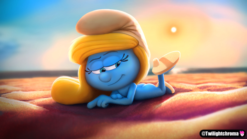 16:9 beach blonde_hair blue_body blue_eyes blue_skin breasts butt detailed_background digital_media_(artwork) female hair hi_res humanoid long_hair nipples not_furry nude pose sand seaside smile smurf smurfette solo the_smurfs twilightchroma widescreen