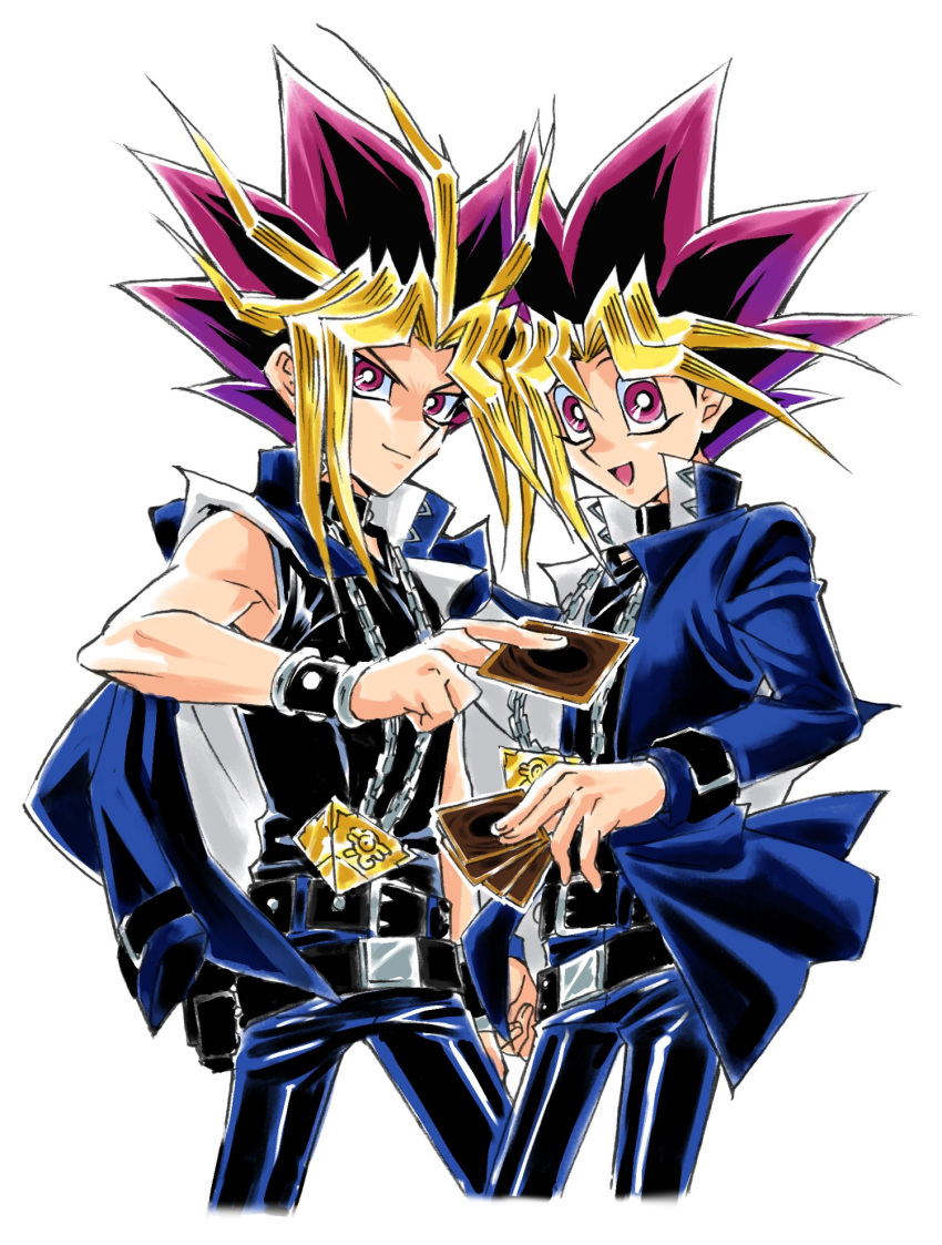 2boys belt black_belt black_hair black_shirt blonde_hair blue_jacket card chain closed_mouth commentary_request highres holding holding_card jacket long_sleeves male_focus millennium_puzzle multicolored_hair multiple_boys mutou_yuugi open_mouth pants school_uniform shirt smile soya_(sys_ygo) spiked_hair tongue yami_yuugi yu-gi-oh!
