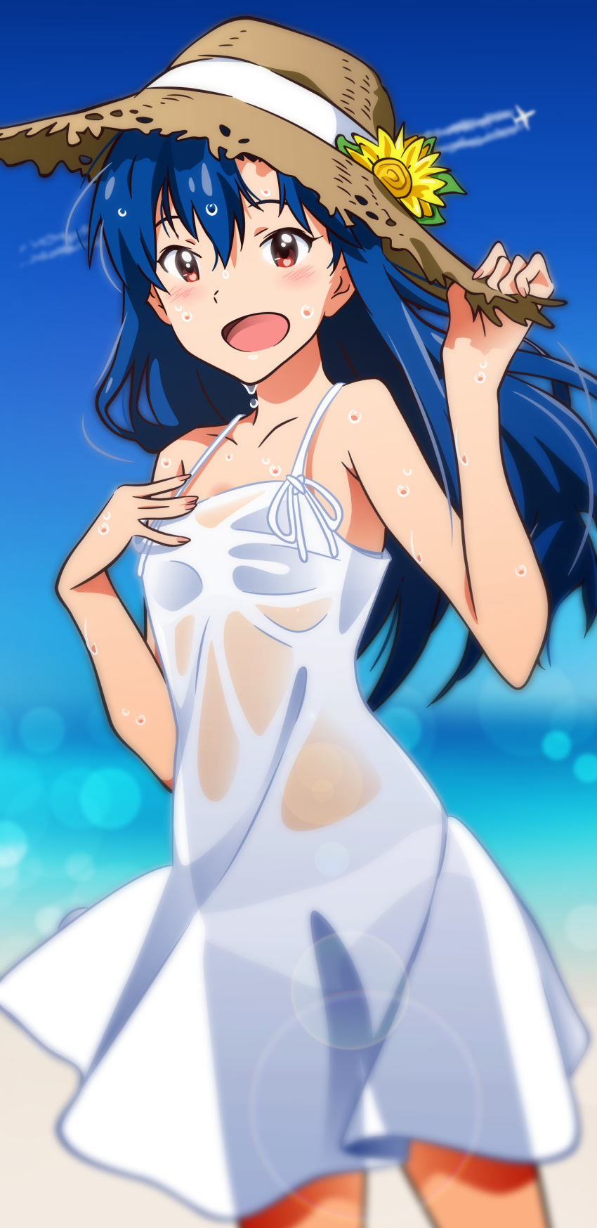 1girl :d absurdres aircraft airplane akizuki_ritchan bangs blue_hair blue_sky blurry blurry_background blush brown_headwear collarbone condensation_trail cowboy_shot day dress flat_chest floating_hair flower hair_between_eyes hat hat_flower hat_ribbon highres idolmaster idolmaster_(classic) kisaragi_chihaya lens_flare long_hair looking_at_viewer open_mouth outdoors red_eyes ribbon see-through shiny shiny_hair short_dress sky sleeveless sleeveless_dress smile solo standing straw_hat summer sun_hat sundress wet wet_hair white_dress white_ribbon yellow_flower