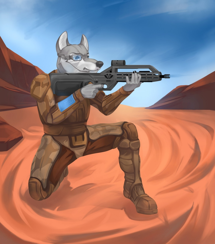 2020 aiming anthro armor black_nose canid canine canis clothed clothing cloud cloudscape desert eyebrows eyewear fully_clothed fur goggles grey_body grey_fur gun headgear headphones headset headset_microphone hi_res inner_ear_fluff kneeling long_snout male mammal military military_clothing mountain nails opekun outside pimpartist ranged_weapon rifle rock sand simple_background sky snout solo teeth traditional_media_(artwork) tuft weapon wolf