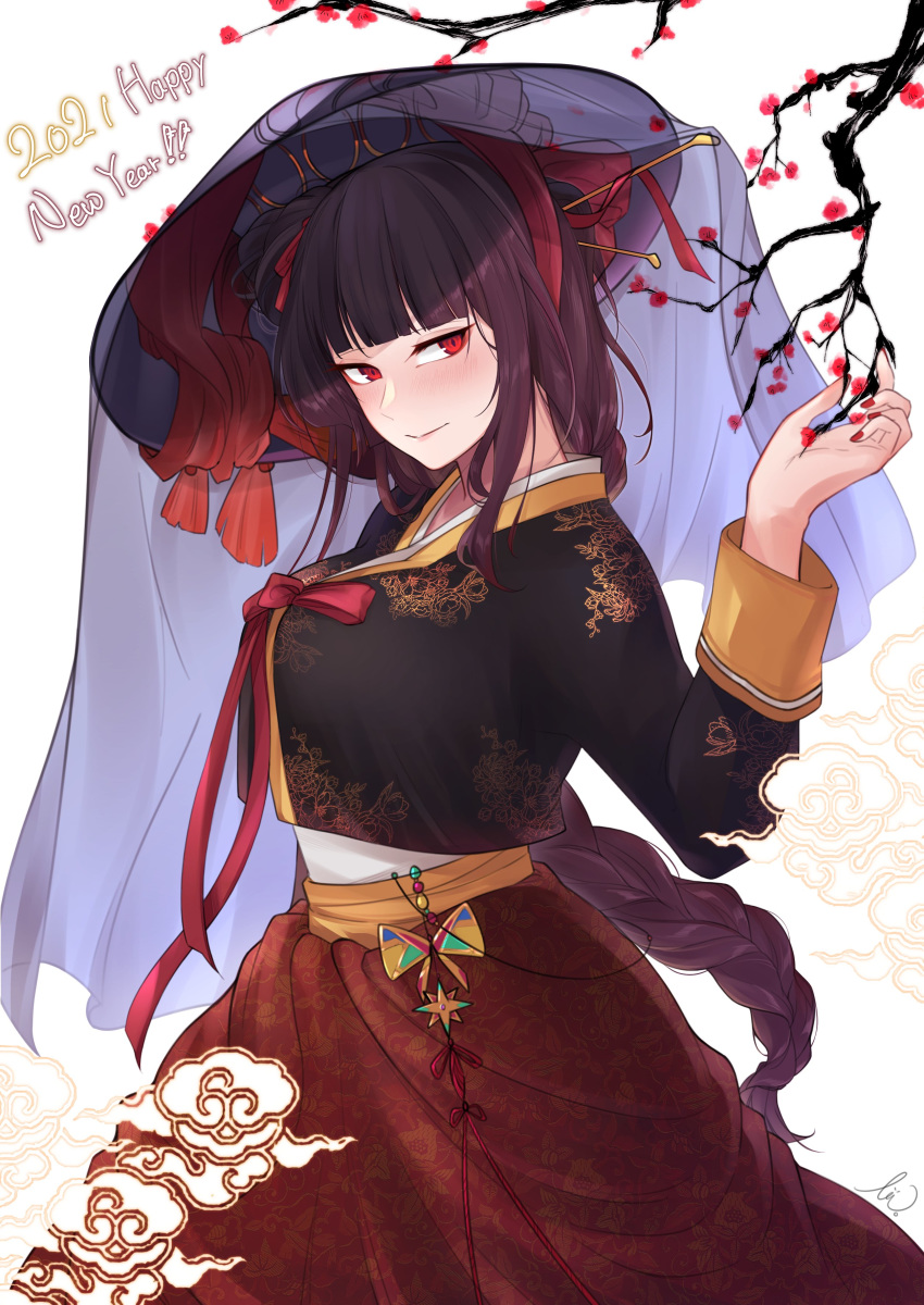 1girl absurdres alternate_costume alternate_hairstyle breasts chinese_clothes closed_mouth girls_frontline hand_up hanfu hat highres large_breasts long_hair looking_at_viewer red_eyes red_hair red_ribbon ribbon simple_background smile standing stigmamyu traditional_clothes wa2000_(girls_frontline)