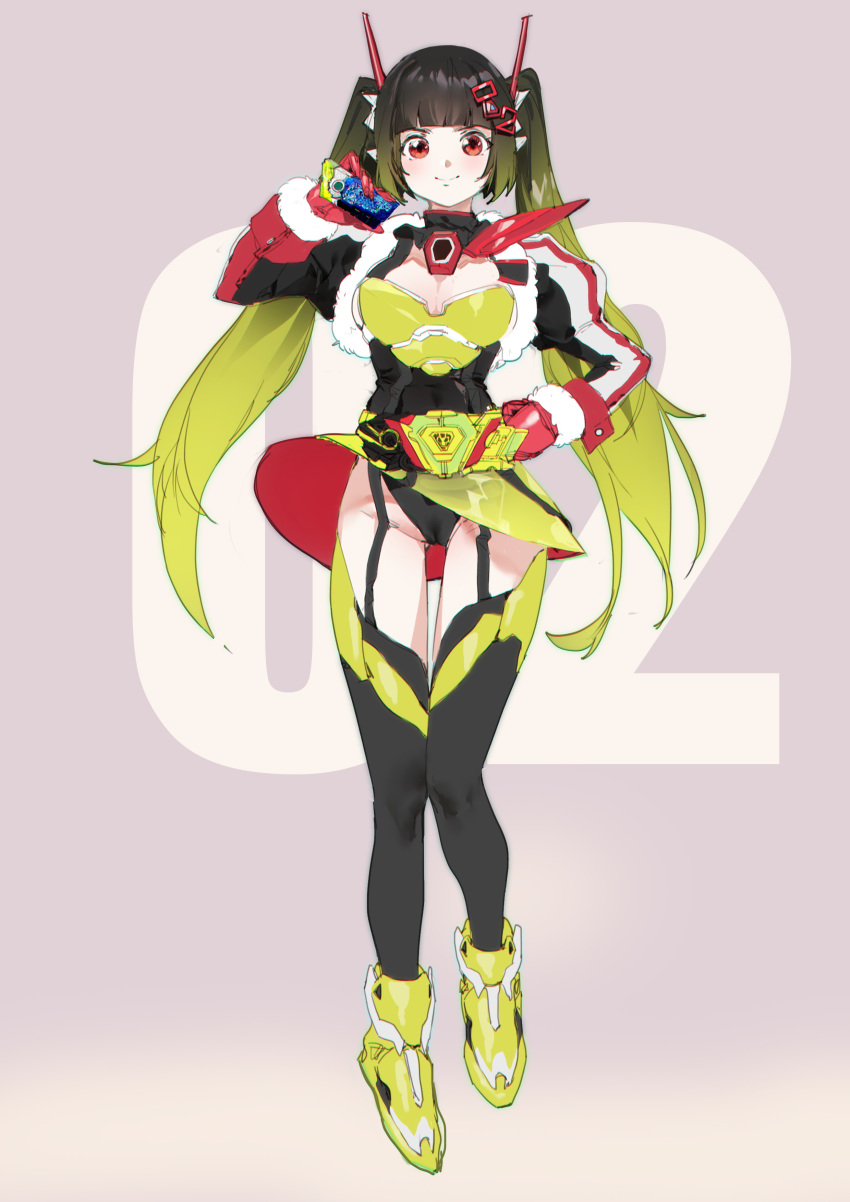 1girl absurdres bangs black_hair black_legwear black_panties blonde_hair breasts cleavage commentary garter_straps genderswap genderswap_(mtf) gloves hair_ornament highres jacket kamen_rider kamen_rider_01_(series) kamen_rider_zero-two large_breasts long_hair long_sleeves looking_at_viewer multicolored_hair nicholas_f panties progrise_key red_eyes red_gloves rider-tan rider_belt shiny shiny_hair sidelocks solo thighhighs twintails two-tone_hair underwear very_long_hair yellow_footwear