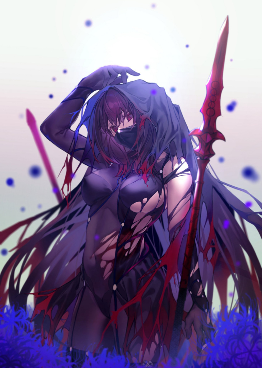 1girl arm_up bodysuit breasts covered_navel fate/grand_order fate_(series) flower gae_bolg gradient gradient_background grey_background highres hiro_(hirohiro_gorira) large_breasts long_hair looking_at_viewer mask mouth_mask polearm purple_bodysuit purple_eyes purple_flower purple_hair scathach_(fate)_(all) scathach_(fate/grand_order) sideboob single_bare_shoulder skin_tight skindentation solo spear standing veil very_long_hair weapon