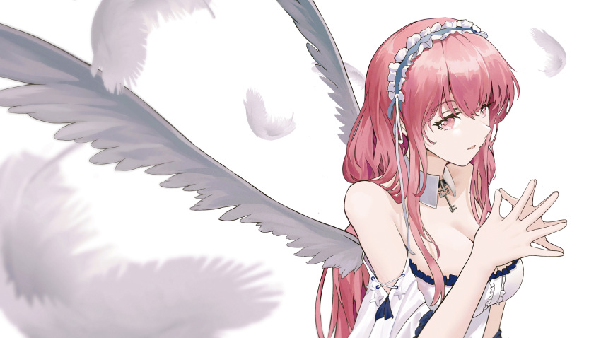 1girl absurdres amamizu_shizuku angel_wings azur_lane breasts cleavage dress eyebrows_visible_through_hair feathered_wings feathers hairband hand_on_hand highres key long_hair looking_at_viewer medium_breasts open_mouth perseus_(azur_lane) pink_eyes pink_hair solo white_background white_dress wings