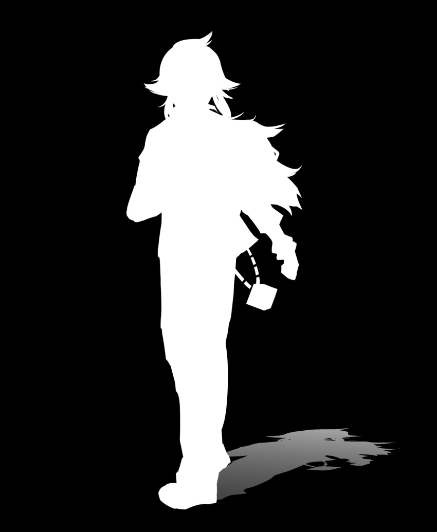 1boy absurdres black_background chromatic_aberration contrast full_body greyscale highres iogi_(iogi_k) male_focus monochrome n_(pokemon) pokemon pokemon_(creature) silhouette simple_background solo standing