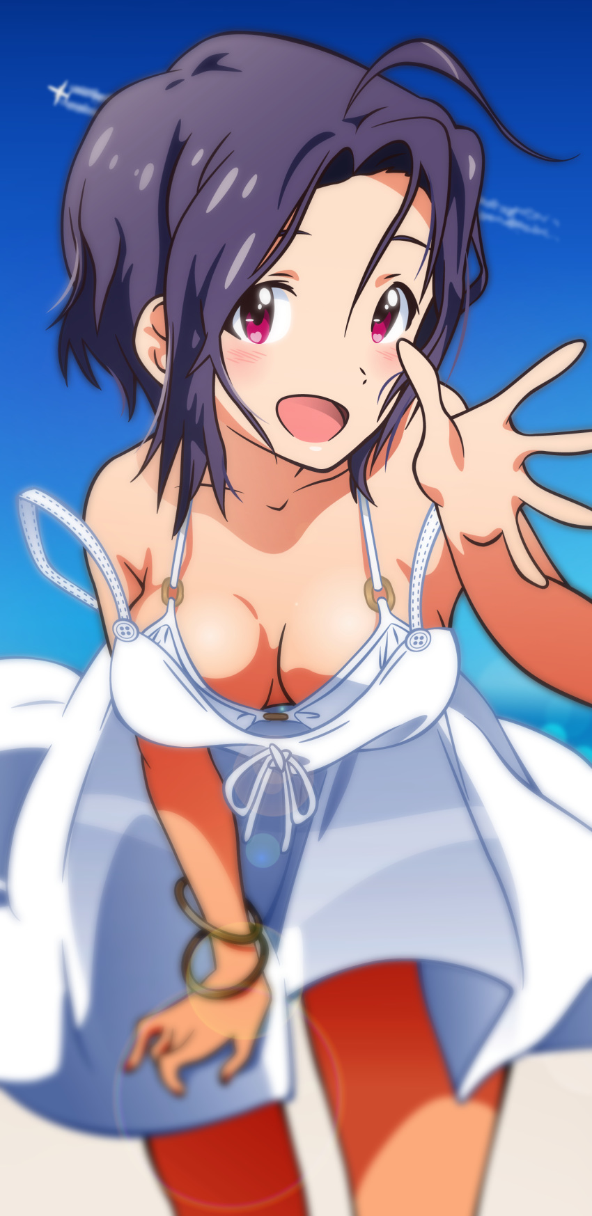 1girl :d absurdres ahoge aircraft airplane akizuki_ritchan blue_sky bracelet breasts cleavage collarbone condensation_trail cowboy_shot day dress floating_hair highres idolmaster idolmaster_(classic) jewelry leaning_forward lens_flare looking_at_viewer medium_breasts miura_azusa off_shoulder open_mouth outdoors purple_hair red_eyes shiny shiny_hair short_dress short_hair sky sleeveless sleeveless_dress smile solo standing summer sundress white_dress