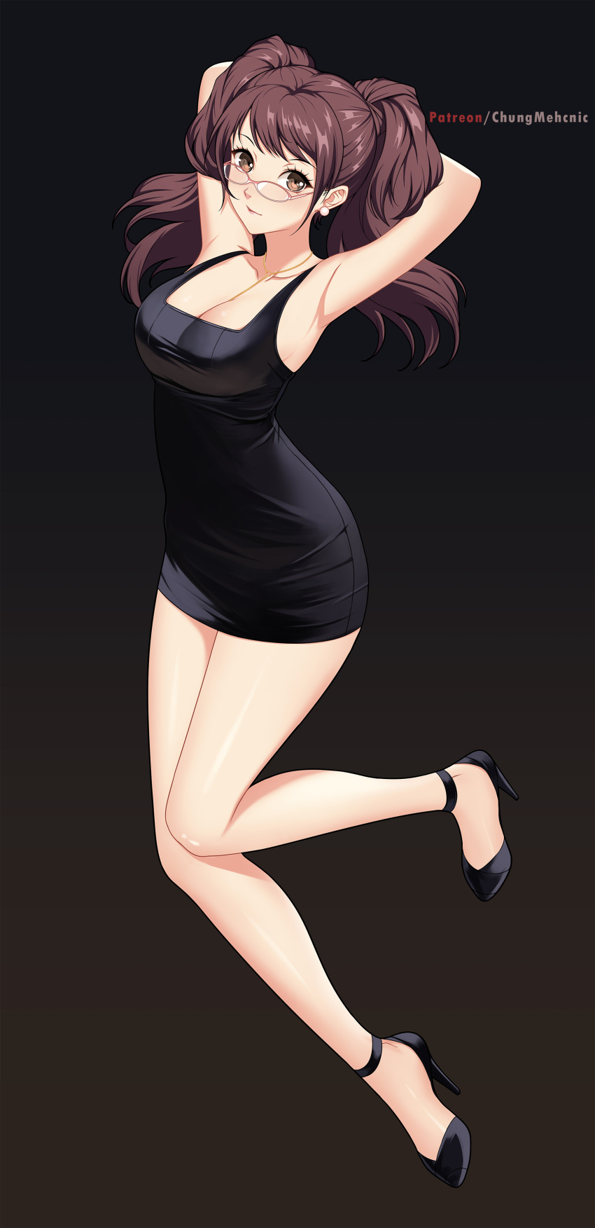 1girl absurdres armpits arms_behind_head arms_up artist_name bare_arms bare_legs bare_shoulders black_dress black_footwear blush breasts brown_background brown_eyes brown_hair chungmechanic cleavage closed_mouth collarbone dress earrings full_body glasses gradient gradient_background high_heels highres jewelry kujikawa_rise large_breasts long_hair looking_at_viewer pencil_dress persona persona_4 pink-framed_eyewear short_dress sleeveless sleeveless_dress smile solo twintails