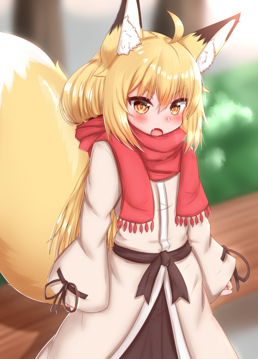 2021 ahoge animal_humanoid bench blonde_hair blurred_background blush brown_body brown_fur canid canid_humanoid canine canine_humanoid clothing coat cute_fangs day dipstick_ears dipstick_tail eyebrow_through_hair eyebrows female fingers fluffy fluffy_tail fox_humanoid fur glistening glistening_hair hair hi_res horokusa0519 humanoid inner_ear_fluff long_hair long_sleeves looking_at_viewer mammal mammal_humanoid multicolored_ears multicolored_tail open_mouth outside portrait pupils scarf slit_pupils solo standing three-quarter_portrait tongue topwear translucent translucent_hair tuft white_body white_fur yellow_body yellow_eyes yellow_fur