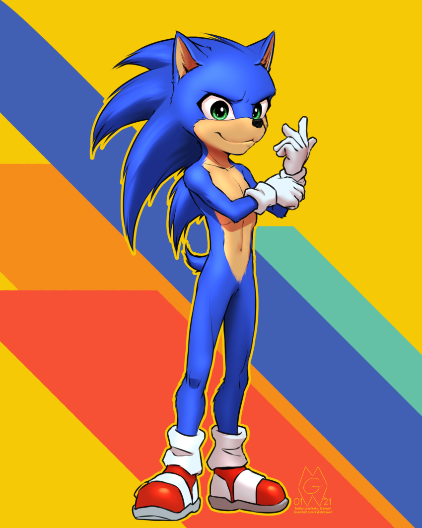 2021 4:5 5_fingers anthro blue_body blue_fur clothing digital_media_(artwork) eulipotyphlan fingers footwear fur green_eyes hedgehog hi_res male mammal mostly_nude mykegreywolf navel simple_background smile solo sonic_the_hedgehog sonic_the_hedgehog_(series) standing video_games