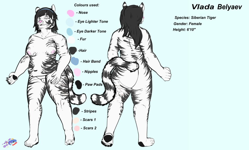 absurd_res accessory black_pawpads english_text felid female hair_accessory hairband hi_res mammal mature_female model_sheet nude pantherine pawpads scar siberian_tiger slightly_chubby solo text tiger vlada_belyaev_(slamson) wffl_(artist)