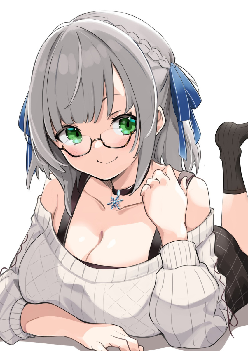 1girl aran_sweater artist_request bangs beige_sweater bespectacled black_choker black_legwear black_skirt blue_ribbon blunt_bangs blush braid breasts choker cleavage closed_mouth collarbone commentary_request eyebrows_behind_hair feet_up french_braid glasses green_eyes hair_ribbon hand_up highres hololive large_breasts looking_at_viewer lying medium_hair on_stomach plaid plaid_skirt ribbon shirogane_noel silver_hair simple_background skirt smile snowflake_ornament socks solo sweater virtual_youtuber white_background