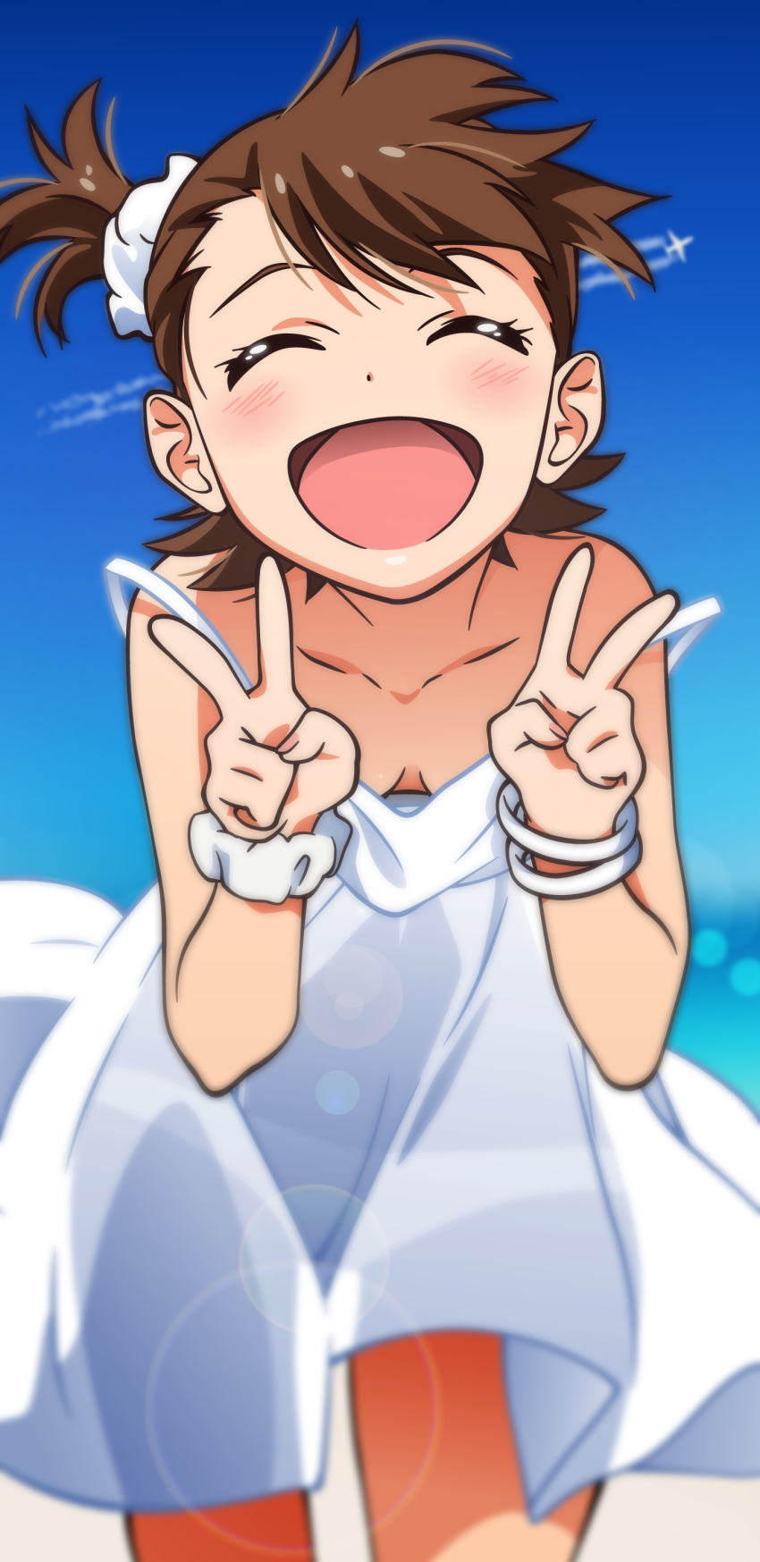 1girl :d absurdres aircraft airplane akizuki_ritchan blue_sky blurry blurry_background bracelet breasts brown_hair cleavage closed_eyes collarbone condensation_trail cowboy_shot day double_v dress facing_viewer futami_ami hair_ornament hair_scrunchie highres idolmaster idolmaster_(classic) jewelry leaning_forward lens_flare one_side_up open_mouth outdoors scrunchie see-through shiny shiny_hair short_dress short_hair sky sleeveless sleeveless_dress small_breasts smile solo standing summer sundress v white_dress white_scrunchie wrist_scrunchie