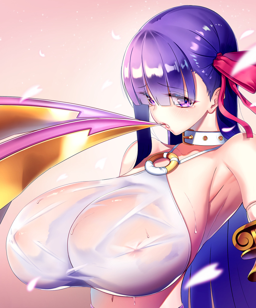 1girl aka_syakkou arched_back bangs blunt_bangs blush breasts choker commentary_request detached_sleeves eyebrows_visible_through_hair eyelashes eyes_visible_through_hair fate/extra fate/extra_ccc fate/grand_order fate_(series) hair_over_eyes hair_ribbon highres huge_breasts long_hair looking_at_viewer mouth_hold navel o-ring o-ring_top passionlip pink_background pink_ribbon purple_hair ribbon see-through shiny shiny_hair sideboob simple_background single_sidelock solo sweatdrop upper_body wet wet_clothes