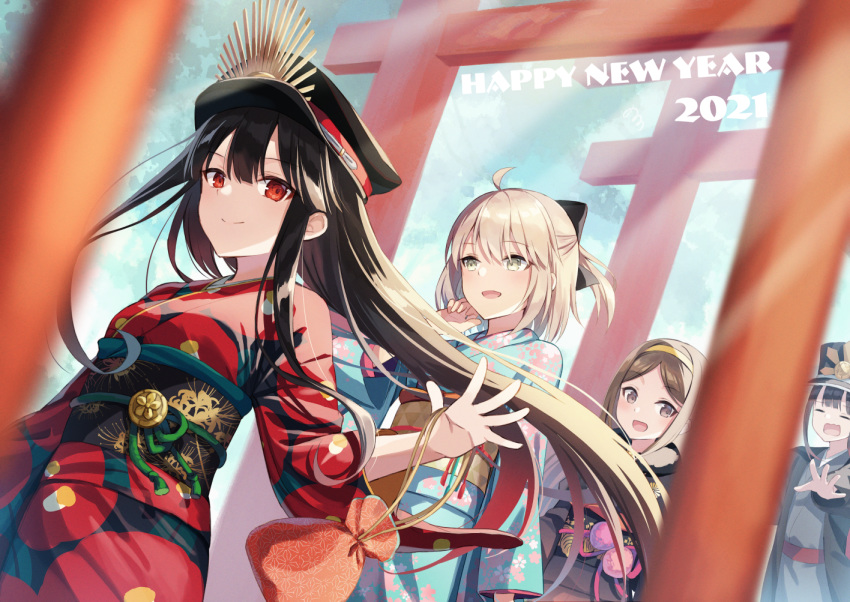 1boy 3girls ahoge bangs black_bow black_hair bow brown_hair chacha_(fate/grand_order) closed_mouth commentary_request fate_(series) hair_bow half_updo happy_new_year hat japanese_clothes kimono kinchaku long_hair looking_at_viewer military_hat multiple_girls new_year nonono obi obiage obijime oda_nobukatsu_(fate/grand_order) oda_nobunaga_(fate) oda_nobunaga_(fate)_(all) oda_uri okita_souji_(fate) okita_souji_(fate)_(all) peaked_cap platinum_blonde_hair pouch red_eyes sash short_hair sidelocks smile straight_hair torii upper_body very_long_hair yellow_eyes