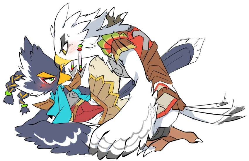 anthro armor avian blue_body blue_feathers blush breath_of_the_wild duo embarrassed feathers looming male male/male nintendo popemadara revali rito scarf talons teba_(tloz) the_legend_of_zelda video_games white_body white_feathers