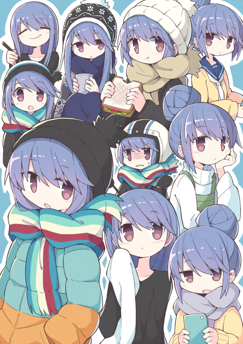 1girl asameshi bangs beanie bite_mark black_headwear black_shirt blazer blue_background blue_scarf blush_stickers cellphone chopsticks closed_eyes coat commentary cup eating food green_coat grey_scarf hair_bun hair_down hat helmet highres holding holding_chopsticks holding_cup holding_food holding_phone holding_towel jacket long_hair long_sleeves looking_at_viewer multicolored multicolored_clothes multicolored_scarf multiple_views neckerchief open_mouth orange_coat parka phone pom_pom_(clothes) purple_eyes sailor_collar sandwich scarf shima_rin shirt simple_background smartphone smile sweater towel turn_pale turtleneck turtleneck_sweater wavy_mouth white_headwear white_neckwear white_sweater yurucamp