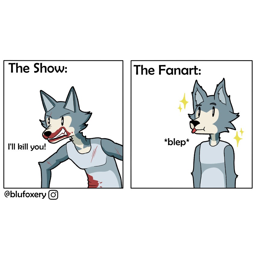 1:1 2021 absurd_res arm_tuft beastars black_nose blep blood blood_on_clothing blood_on_face blufoxery bodily_fluids canid canine canis cheek_tuft clothing comparison digital_media_(artwork) elbow_tufts english_text facial_tuft fangs fur glare grey_body grey_clothing grey_fur grey_shirt grey_tank_top grey_topwear hi_res humor legoshi_(beastars) male mammal pecs scratches scruffy shirt signature simple_background snarling solo sparkles tank_top text tongue tongue_out topwear tuft white_background wolf