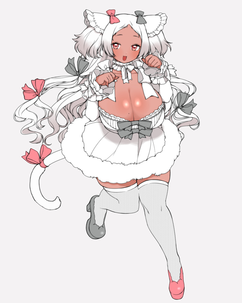 1girl :3 :d bangs bow breasts cameltoe cat_tail cleavage collarbone dark_skin dark_skinned_female dress fur-trimmed_dress fur_trim gradient_hair grey_bow grey_footwear grey_ribbon hair_ribbon hands_up high_heels highres huge_breasts indie_virtual_youtuber leg_up lewis long_hair long_sleeves looking_at_viewer mismatched_footwear mole mole_on_breast multicolored_hair nekobuki_kemuri open_mouth parted_bangs paw_pose pink_bow pink_eyes pink_footwear pink_ribbon ribbon shoes silver_hair skindentation smile solo tail tail_ornament tail_ribbon thighhighs tress_ribbon two-tone_hair very_long_hair virtual_youtuber white_bow white_dress white_hair white_legwear zettai_ryouiki