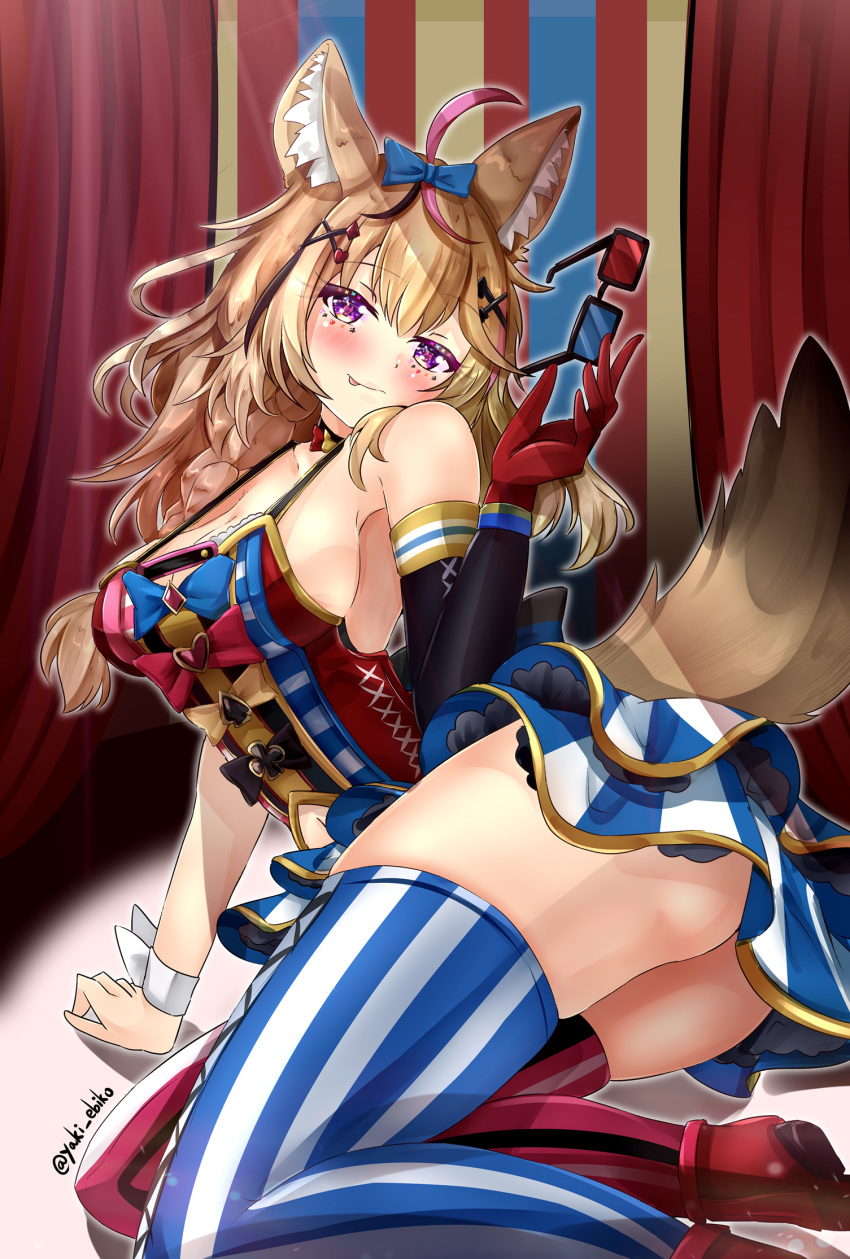 1girl 3d_glasses ahoge animal_ears arm_up ass blonde_hair blush braid breasts clothing_cutout curtains detached_sleeves eyelashes fox_ears fox_tail glasses gloves highres holding holding_eyewear hololive large_breasts long_hair looking_at_viewer messy_hair mismatched_legwear mr_lobster multicolored_hair navel navel_cutout omaru_polka purple_eyes red_gloves showgirl_skirt side_braid solo streaked_hair striped striped_legwear tail thick_thighs thighs tongue tongue_out twitter_username vertical-striped_legwear vertical_stripes virtual_youtuber