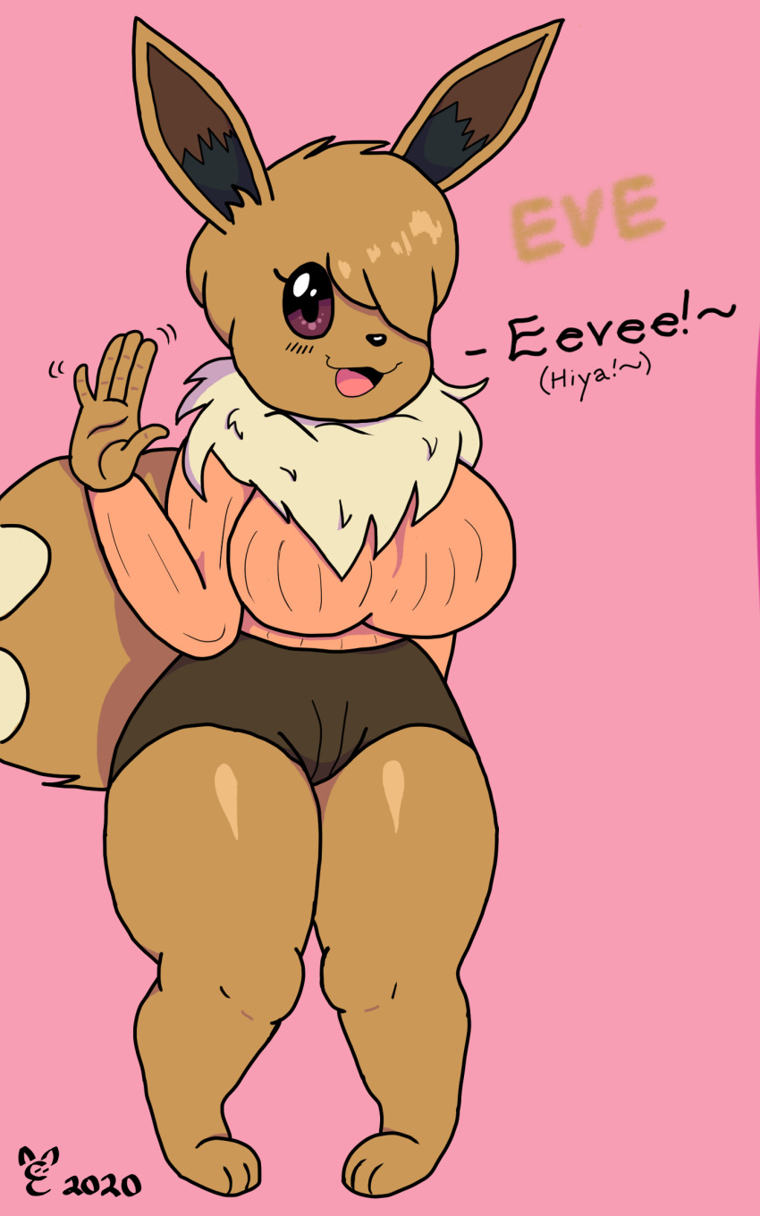 anthro big_breasts breasts brown_body brown_fur eevee epsilon_eevee eve_(joaoppereiraus) female fur fur_collar hair hair_over_eye hi_res nintendo one_eye_obstructed open_mouth open_smile pok&eacute;mon pok&eacute;mon_(species) smile solo thick_thighs video_games