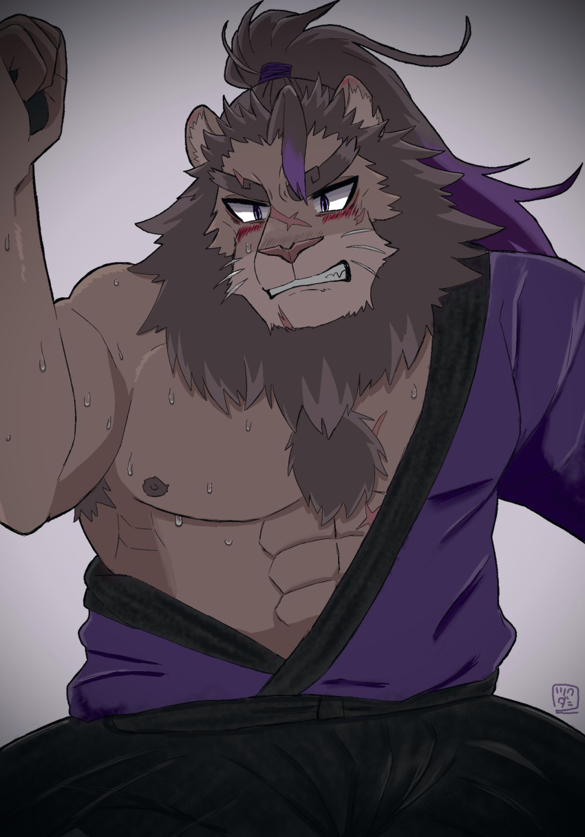 29_da2 abs anthro asian_clothing blush clothing east_asian_clothing felid hair hi_res japanese_clothing kimono lion live-a-hero male mammal mane mane_hair muscular muscular_anthro muscular_male nipples pantherine pecs ponytail toshu