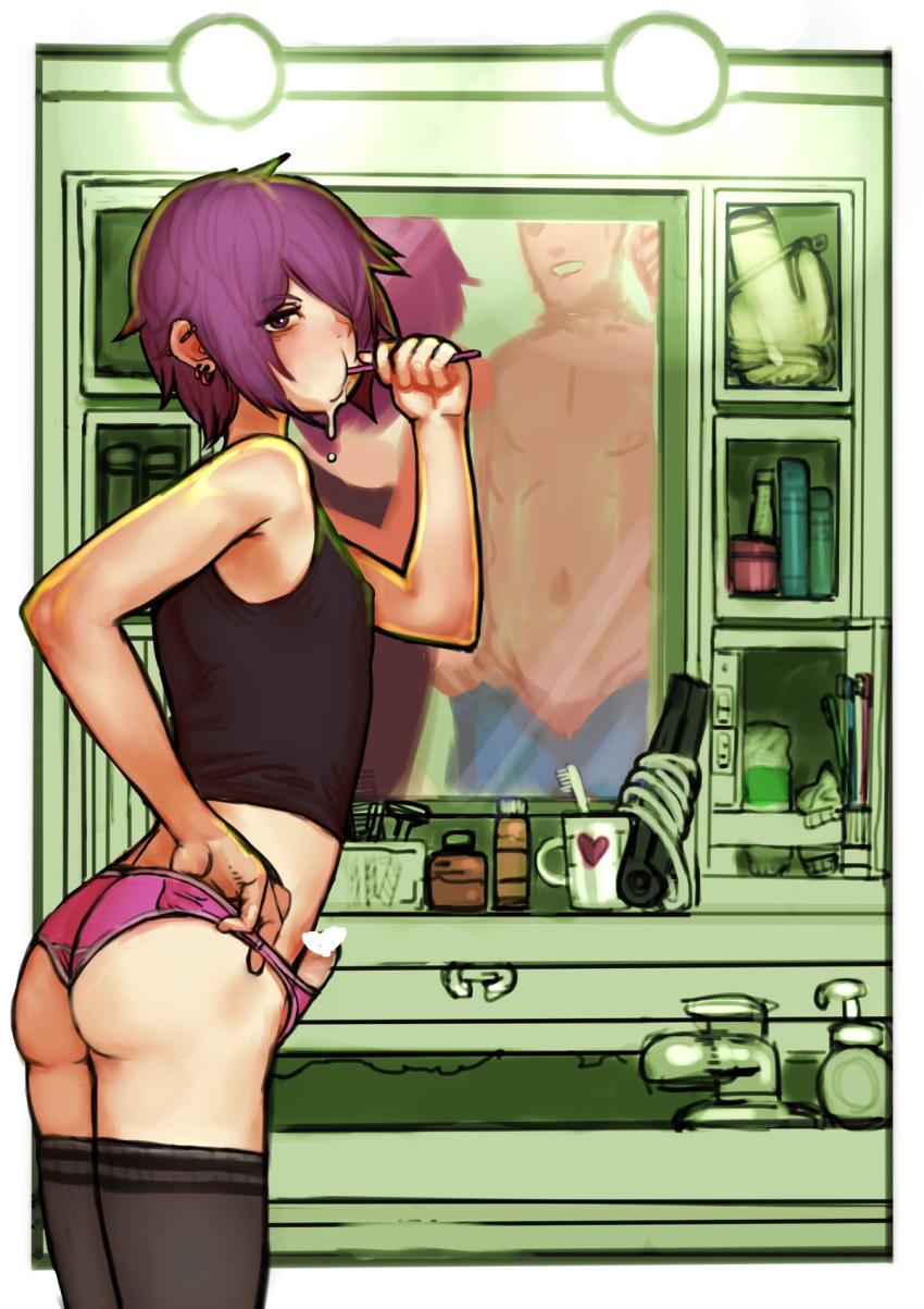 2boys 2n5 ass black_legwear brushing_teeth censored covered_nipples cup ear_piercing erection grin hair_over_one_eye heart heart_censor highres looking_at_viewer male_focus multiple_boys navel original otoko_no_ko panties penis piercing pink_panties purple_eyes purple_hair short_hair smile tank_top thighhighs underwear