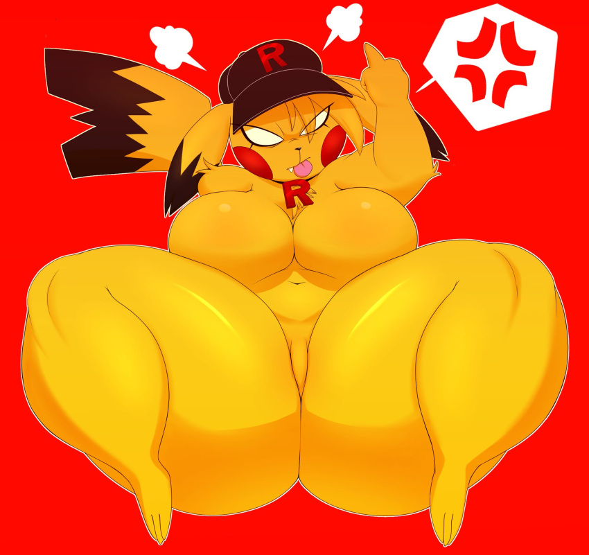 angry anthro big_breasts big_butt blush breasts butt clothing cross-popping_vein featureless_breasts featureless_crotch female fur gesture hat headgear headwear hi_res huge_breasts huge_thighs huwon looking_at_viewer mammal middle_finger nintendo overweight pikachu pok&eacute;mon pok&eacute;mon_(species) red_background rodent simple_background sitting solo team_rocket teeth thick_thighs tongue tongue_out tuft vein video_games white_eyes wide_hips yellow_body yellow_fur