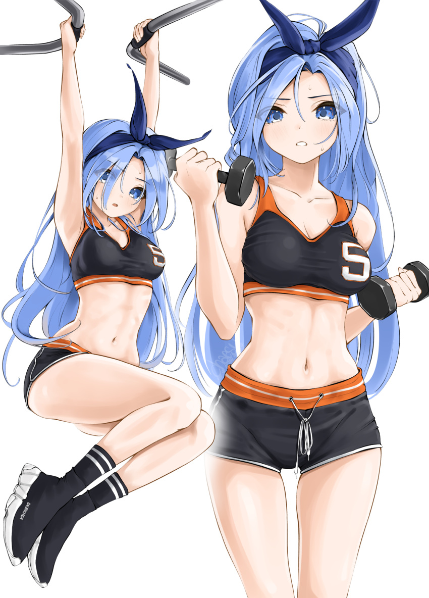 1girl abs arms_up black_footwear black_legwear black_shorts black_sports_bra blue_bandana breasts chaesu collage drawstring dumbbell english_commentary exercise full_body gym_shorts highres legs_together long_hair medium_breasts minah_(chaesu) navel original pullups shoes shorts sneakers socks solo sports_bra sweat swimsuit thigh_gap thighs toned