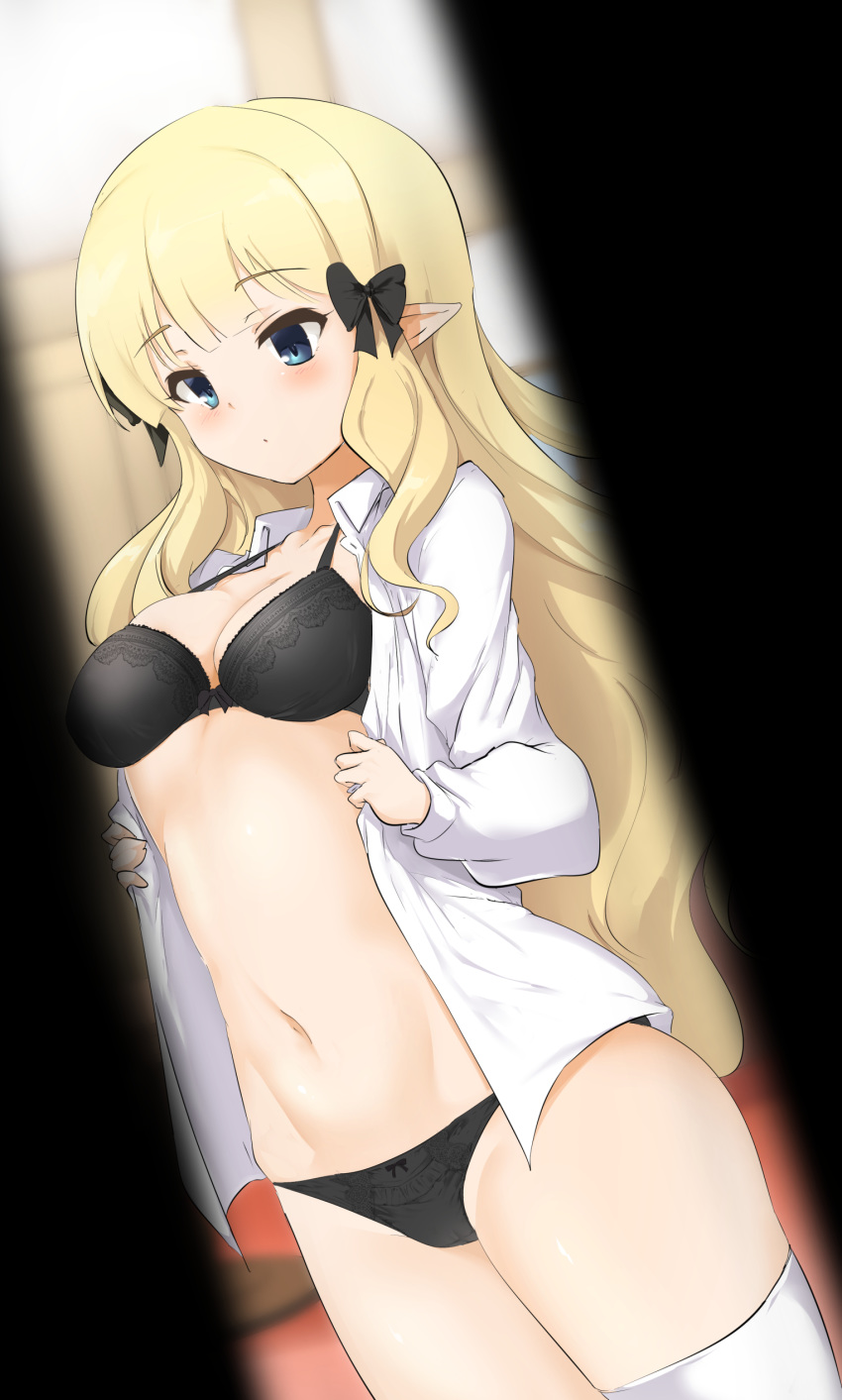 1girl absurdres bangs black_bow blonde_hair blue_eyes blush bow breasts changing_clothes elf eyebrows_visible_through_hair hair_bow hair_ornament highres large_breasts long_hair momio navel pointy_ears princess_connect! princess_connect!_re:dive saren_(princess_connect!) solo