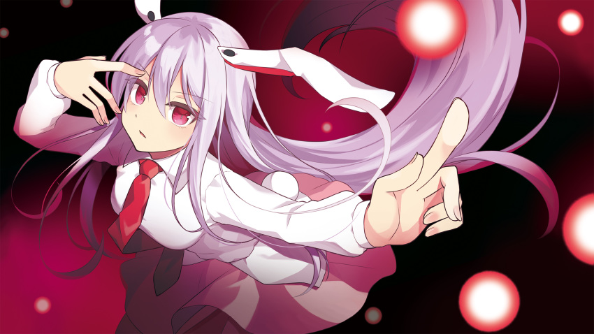 1girl animal_ears bangs beni_kurage blouse breasts bunny_ears bunny_tail collared_blouse commentary_request danmaku glowing hair_between_eyes hand_over_eye highres large_breasts long_hair long_sleeves nail_polish necktie pink_skirt pleated_skirt pointing purple_hair red_eyes reisen_udongein_inaba skirt solo tail touhou very_long_hair white_blouse
