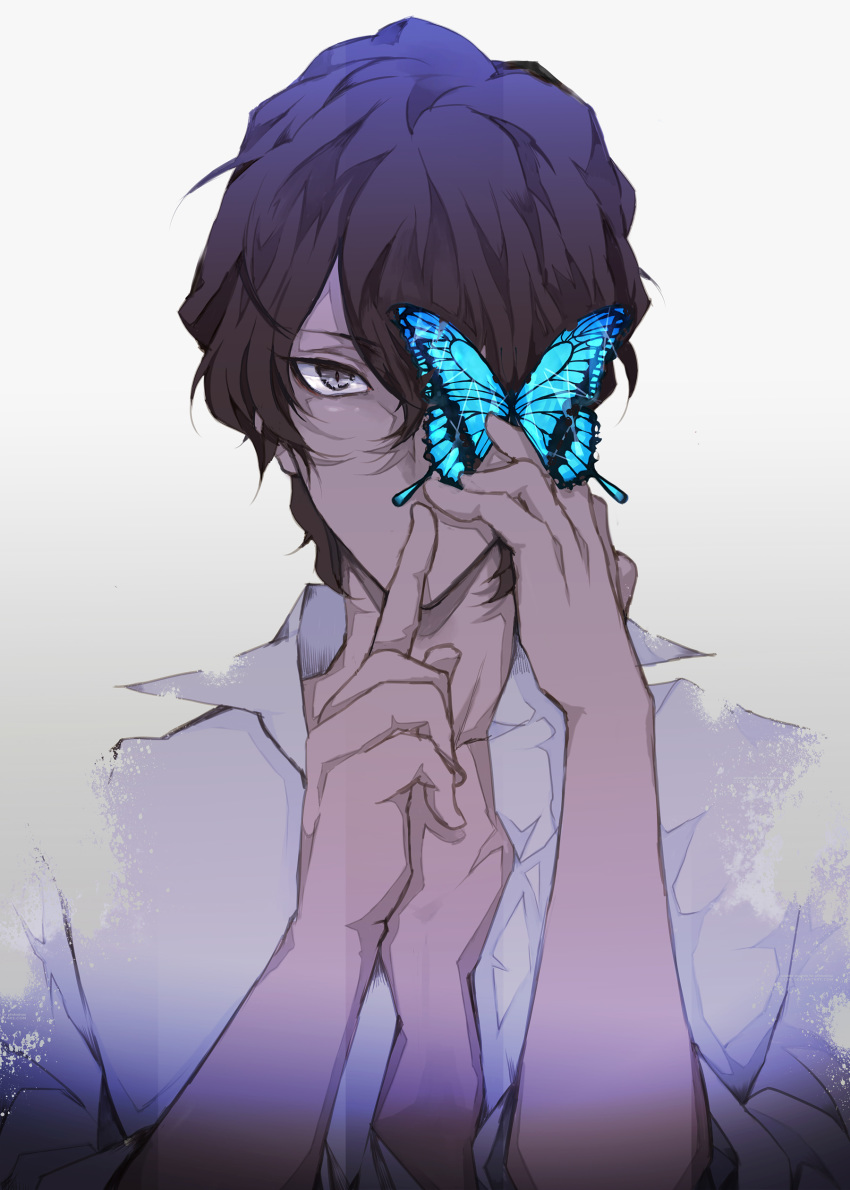 1boy absurdres arjuna_(fate/grand_order) bangs black_hair bug butterfly collared_shirt fate/grand_order fate_(series) finger_to_mouth grey_eyes hair_over_eyes highres insect male_focus open_clothes open_shirt shirt solo tan upper_body white_background