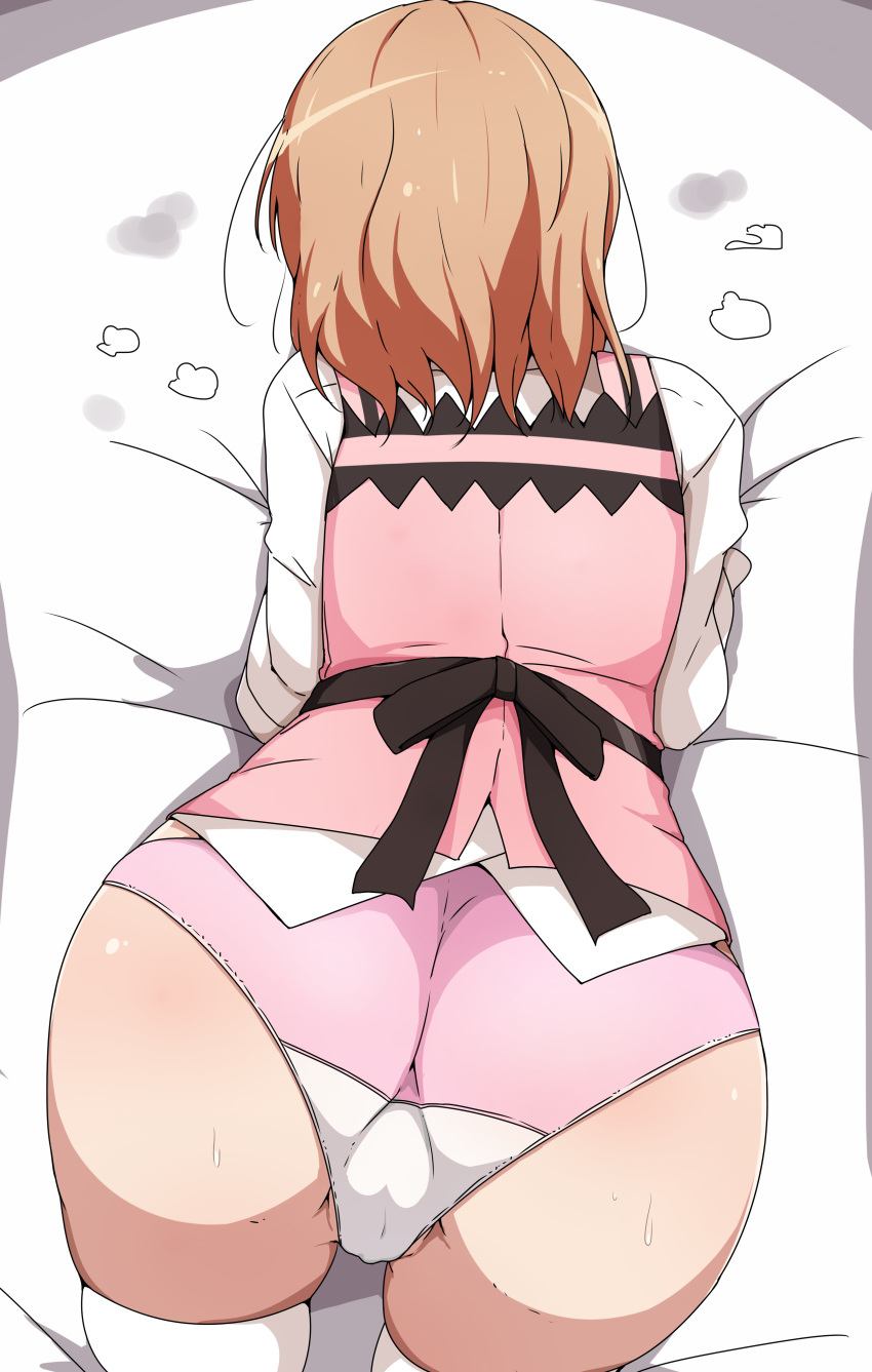 1girl absurdres all_fours ass back_bow bed_sheet bow cameltoe commentary_request facing_away from_behind gochuumon_wa_usagi_desu_ka? highres hoto_cocoa long_sleeves orange_hair panties partially_visible_vulva pink_panties pink_vest rabbit_house_uniform riyo_(aokiwazumi) shirt short_hair solo sweat thighhighs thighs underwear vest white_legwear white_shirt