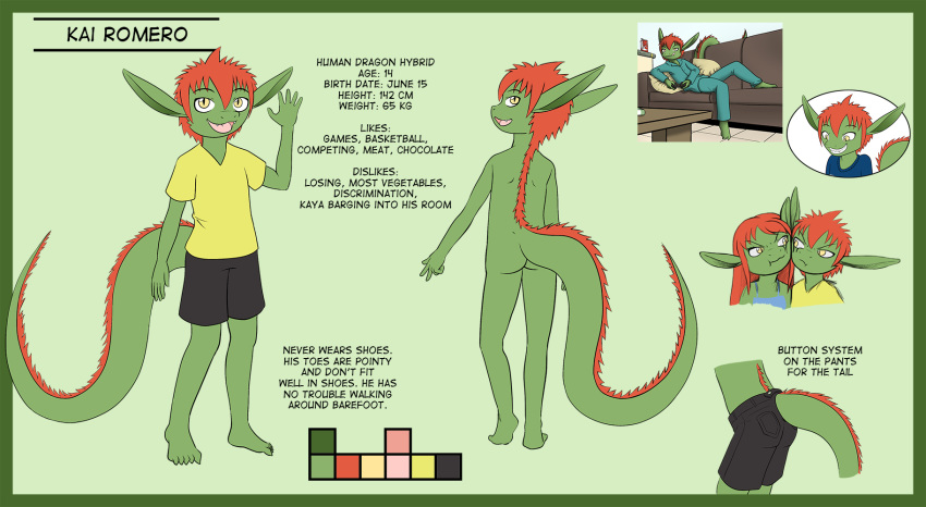 anthro bottomwear clothed clothing dragon dragonkai duo english_text female fully_clothed green_body green_scales hair hi_res kai_(twin_dragons) kaya_(twin_dragons) long_hair male model_sheet nude pajamas red_hair scales scalie shirt short_hair shorts t-shirt teenager text topwear twin_dragons_(webcomic) young
