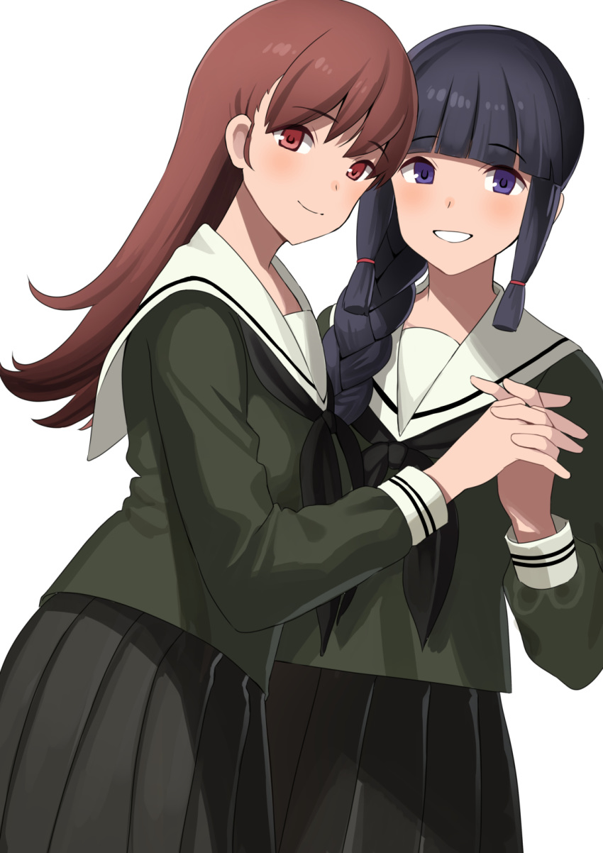 2girls black_hair black_neckwear black_sailor_collar black_skirt blush braid brown_eyes brown_hair eyebrows_visible_through_hair green_serafuku highres kantai_collection kitakami_(kantai_collection) long_hair looking_at_viewer mizuki_eiru_(akagi_kurage) multiple_girls neckerchief ooi_(kantai_collection) pleated_skirt purple_eyes sailor_collar school_uniform serafuku sidelocks simple_background single_braid skirt smile white_background